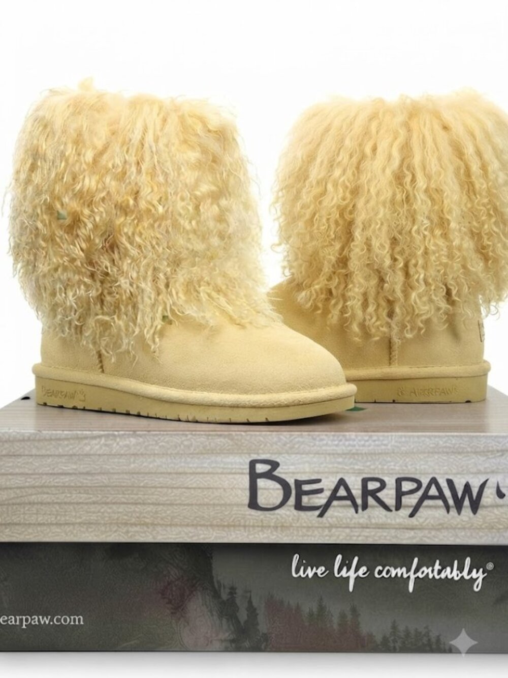 Bearpaw Boo Yellow Shearling Wool Lined Curly Lamb Fur Sherpa Boho Boots 7 NEW